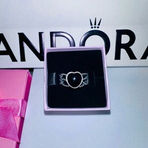Pandora Onyx Heart Silver Ring Rare Vintage